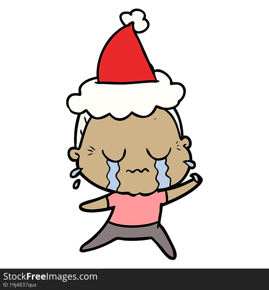 hand drawn line drawing of a crying old lady wearing santa hat