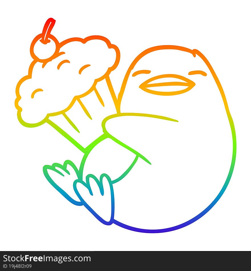 rainbow gradient line drawing cartoon penguin with cupcake