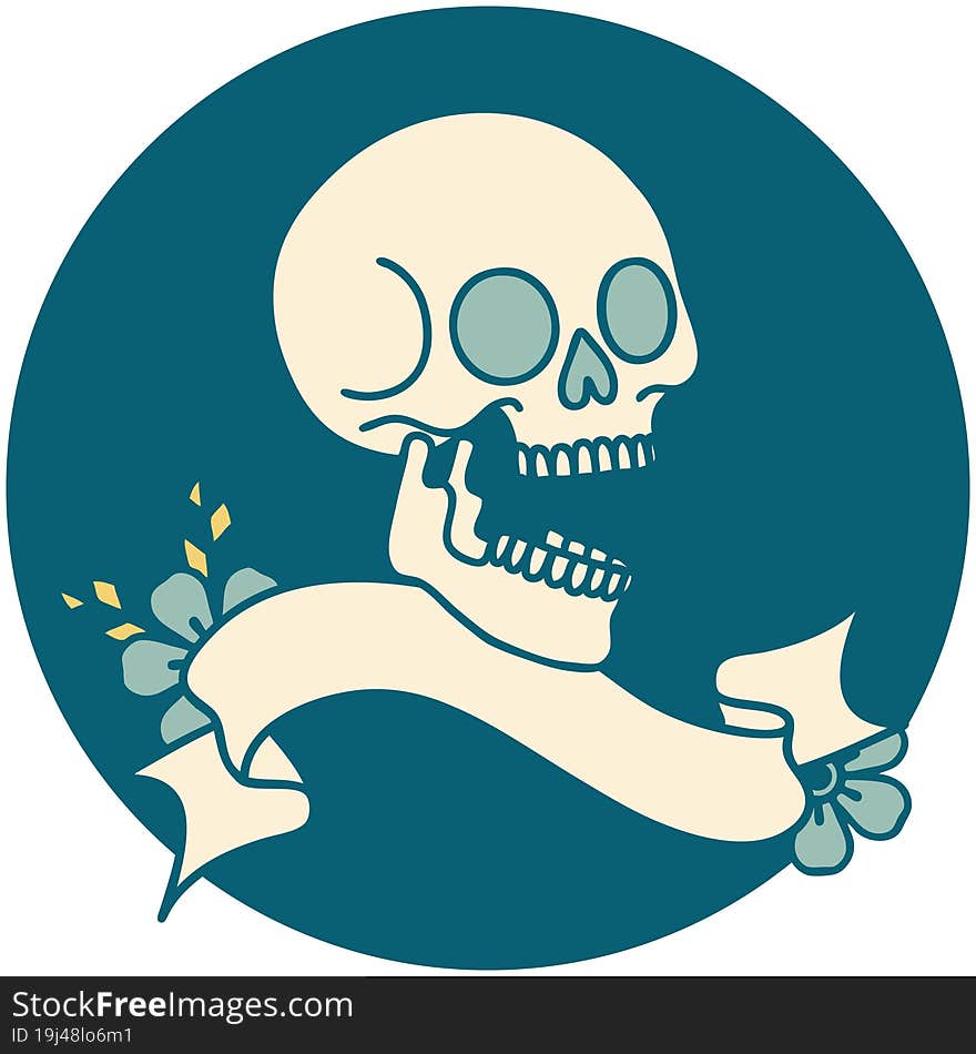 tattoo style icon with banner of a skull