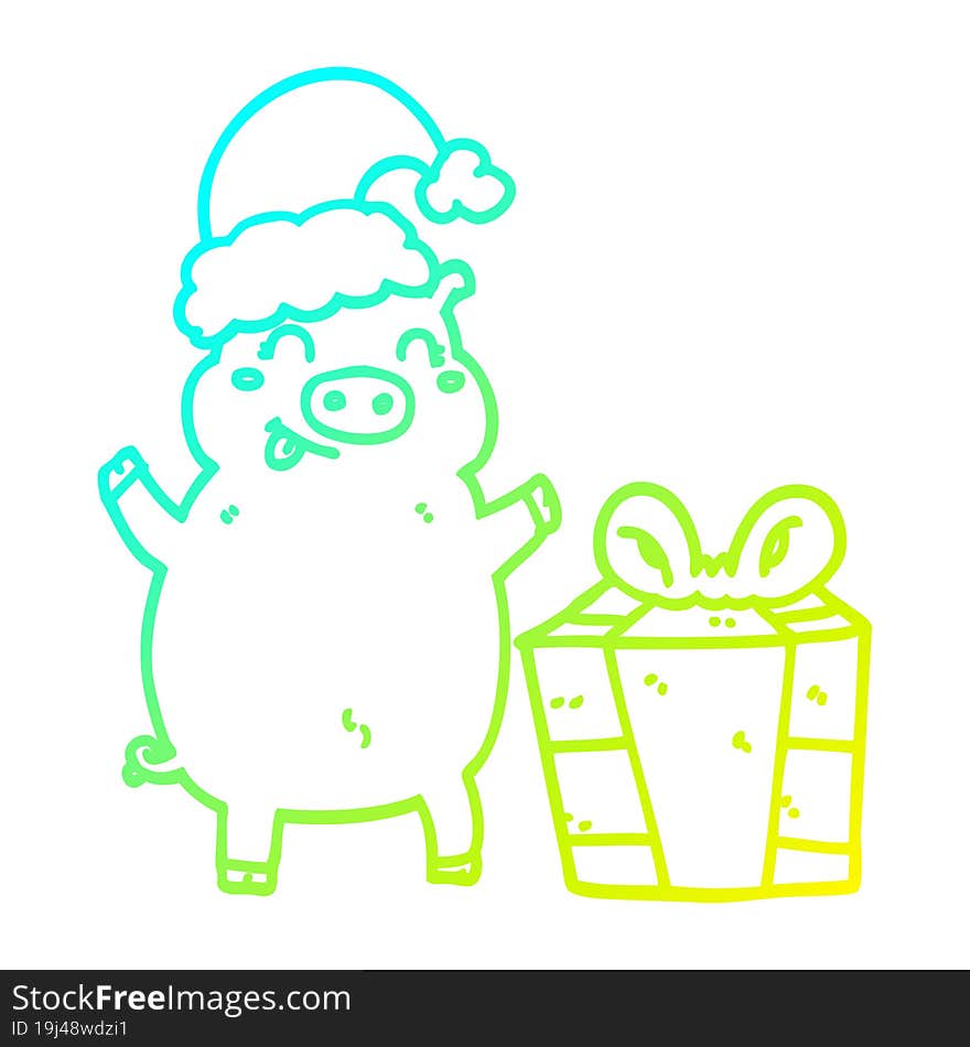 Cold Gradient Line Drawing Cartoon Happy Christmas Pig