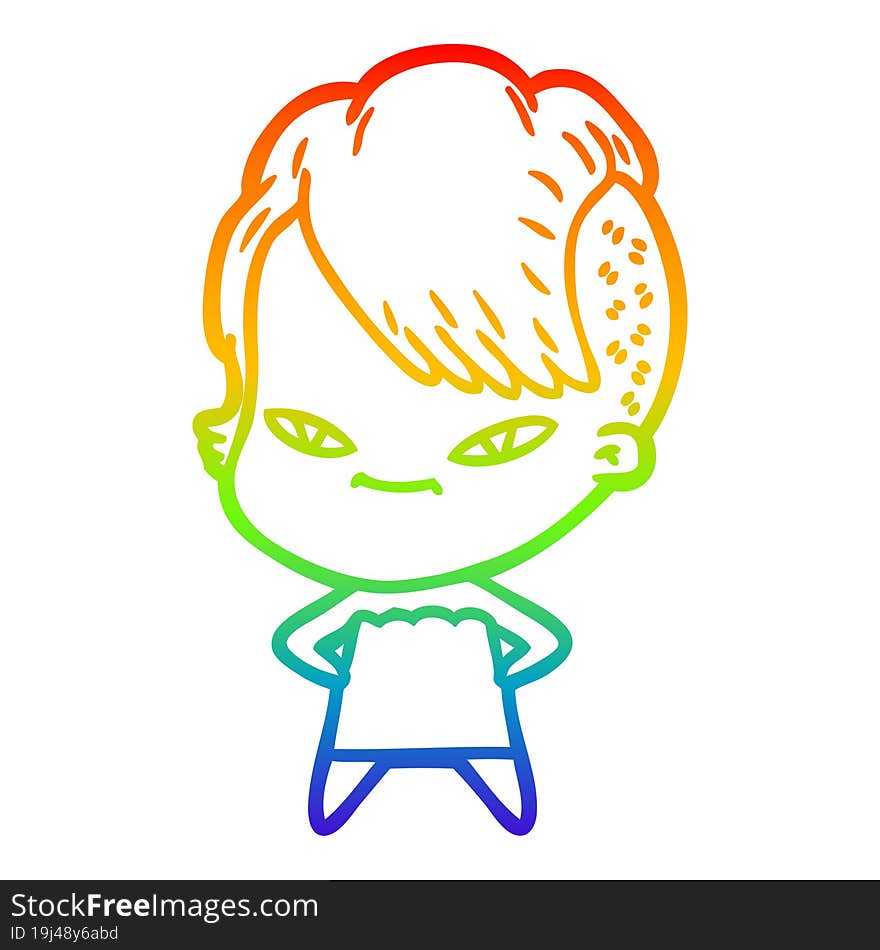 Rainbow Gradient Line Drawing Cute Cartoon Girl With Hipster Haircut