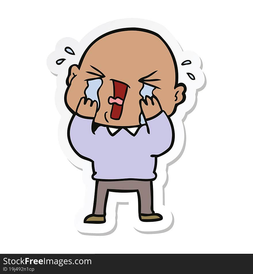 Sticker Of A Cartoon Crying Bald Man