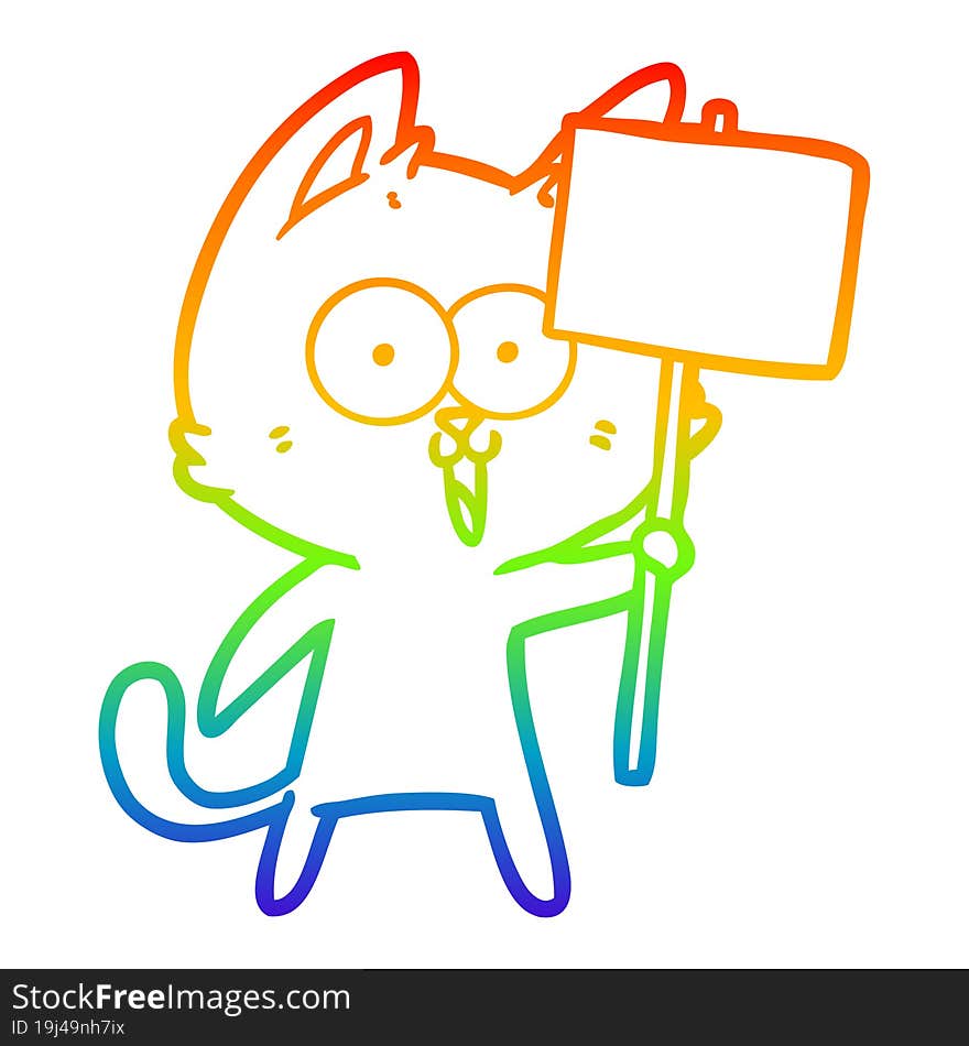 rainbow gradient line drawing of a funny cartoon cat with sign