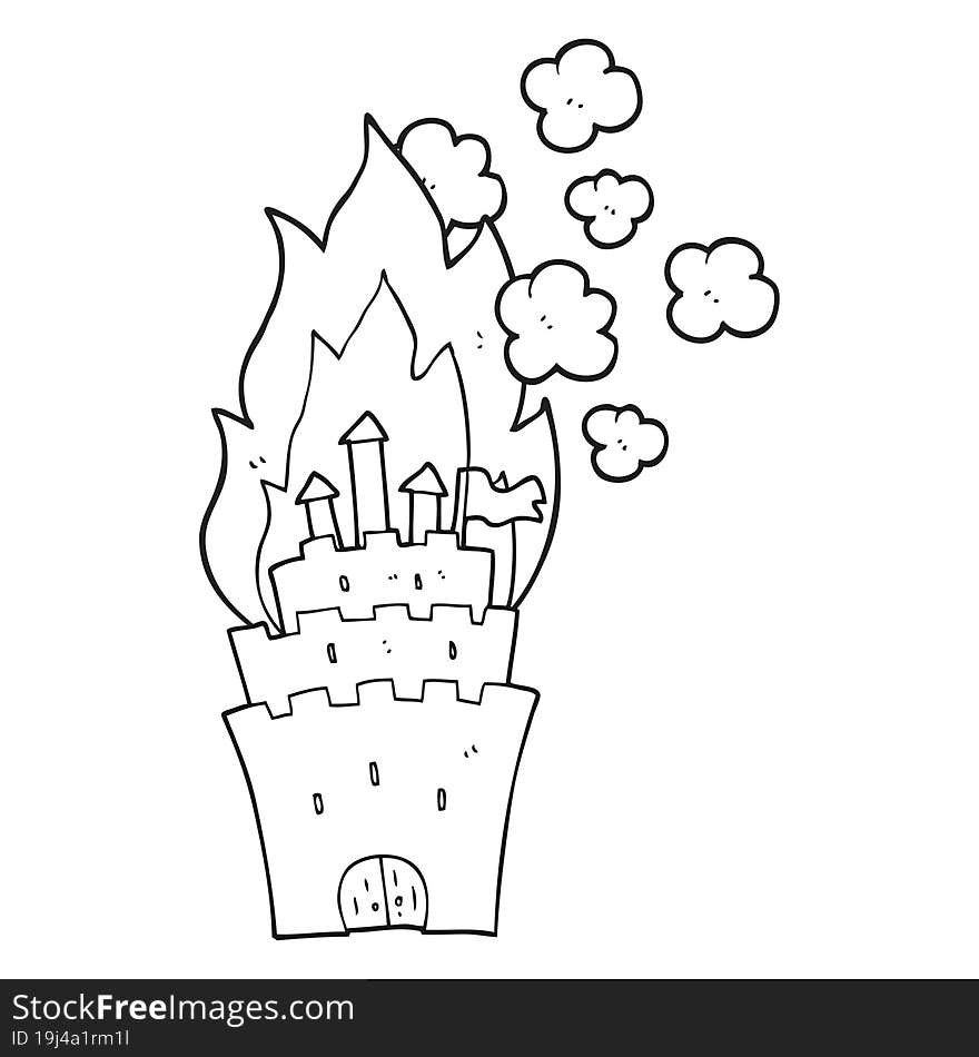 black and white cartoon burning castle