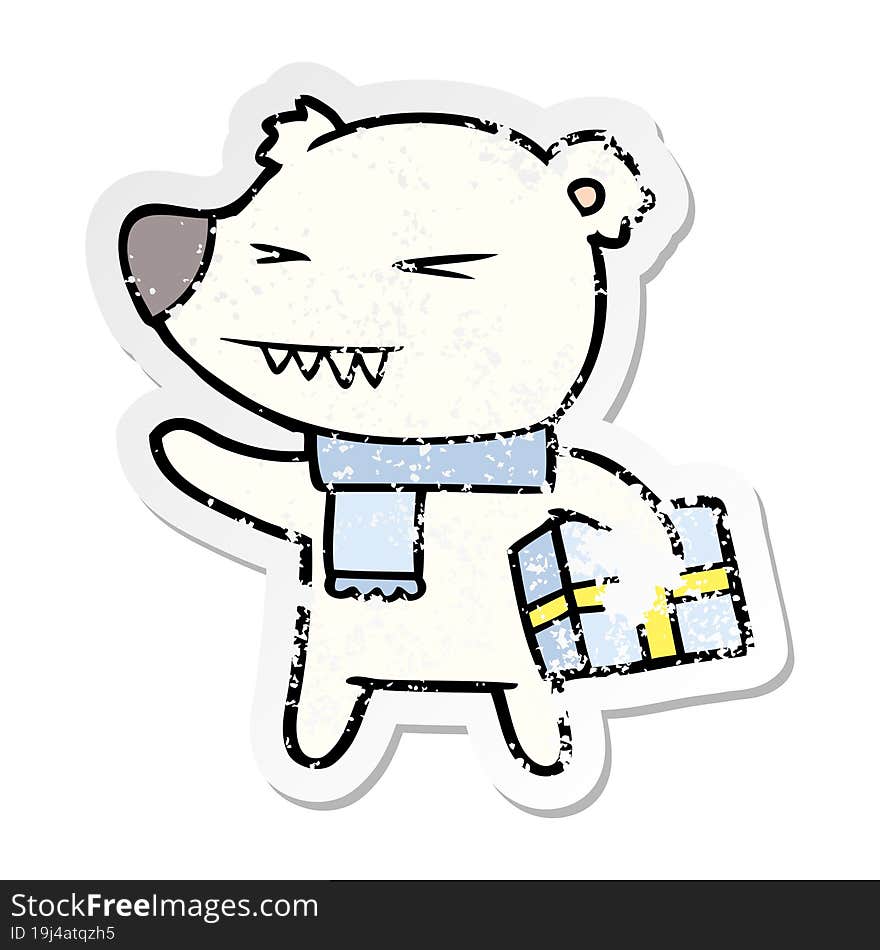 distressed sticker of a cartoon angry polar bear with xmas present