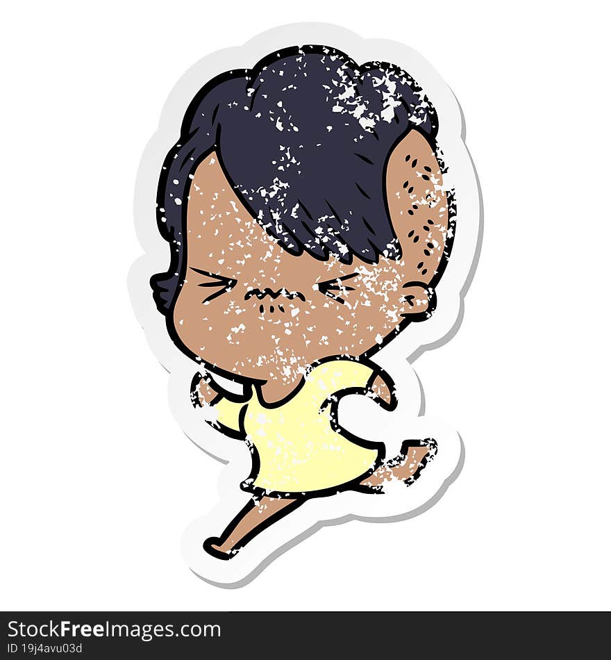 distressed sticker of a cartoon annoyed hipster girl