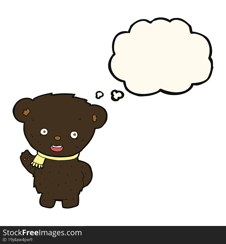 cartoon black bear waving with thought bubble