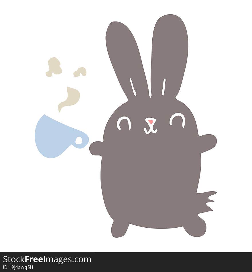 cute flat color style cartoon rabbit with coffee cup