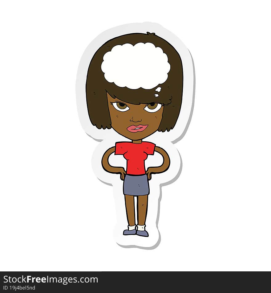 sticker of a cartoon woman thinking