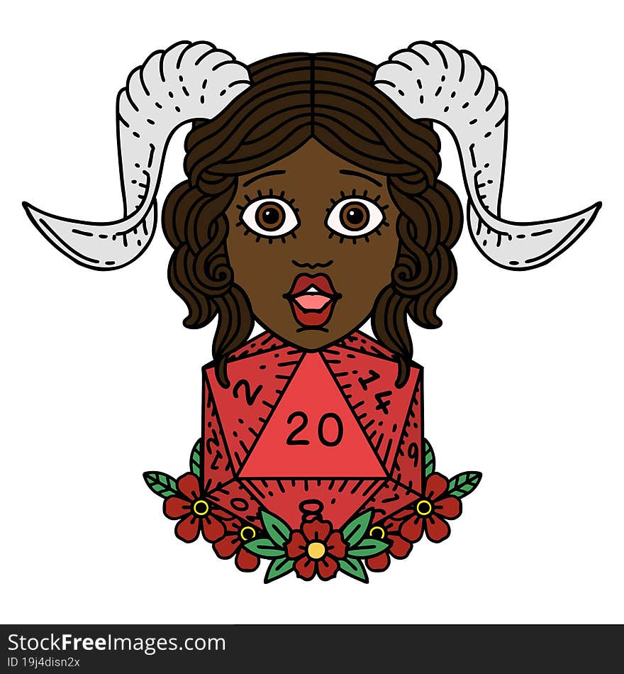 tiefling with D20 natural twenty dice roll illustration