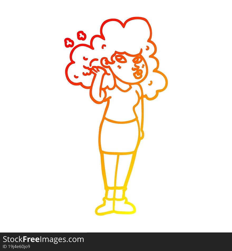 warm gradient line drawing cartoon girl playing with hair