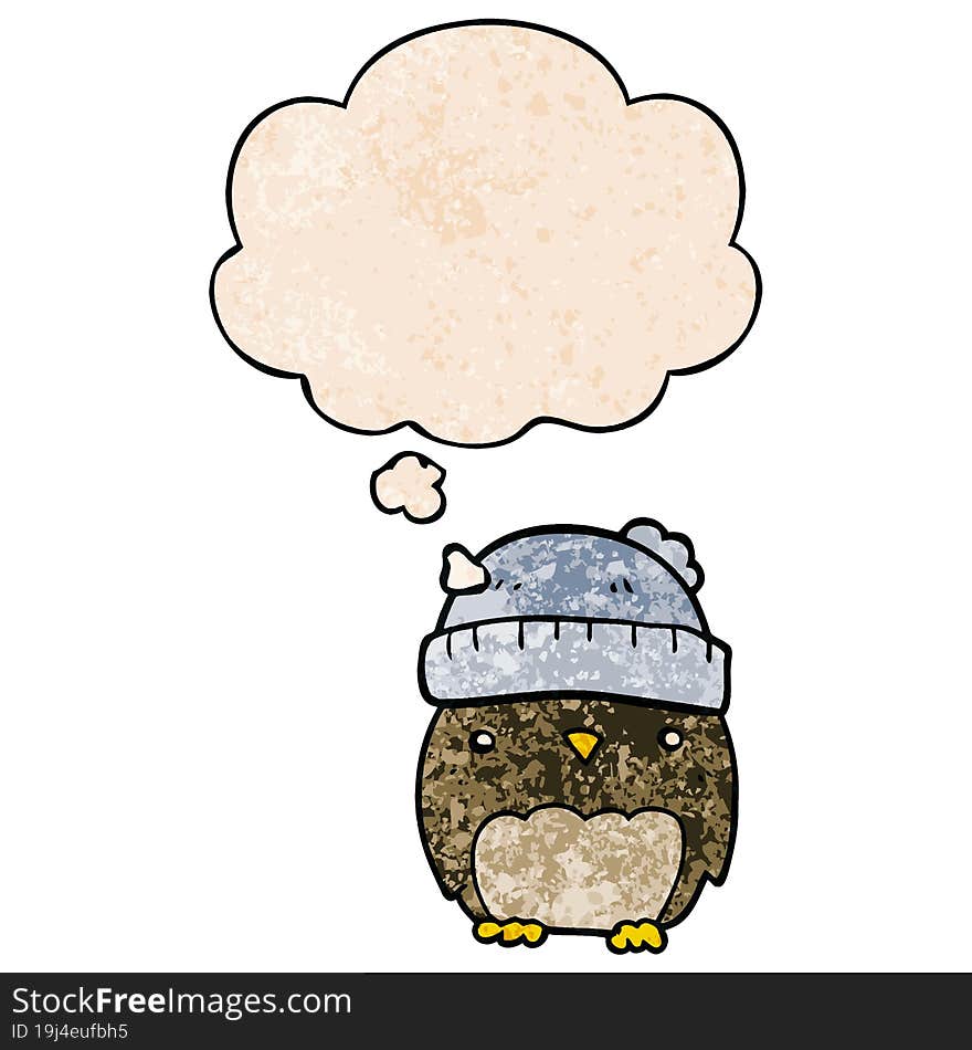 cute cartoon owl in hat and thought bubble in grunge texture pattern style