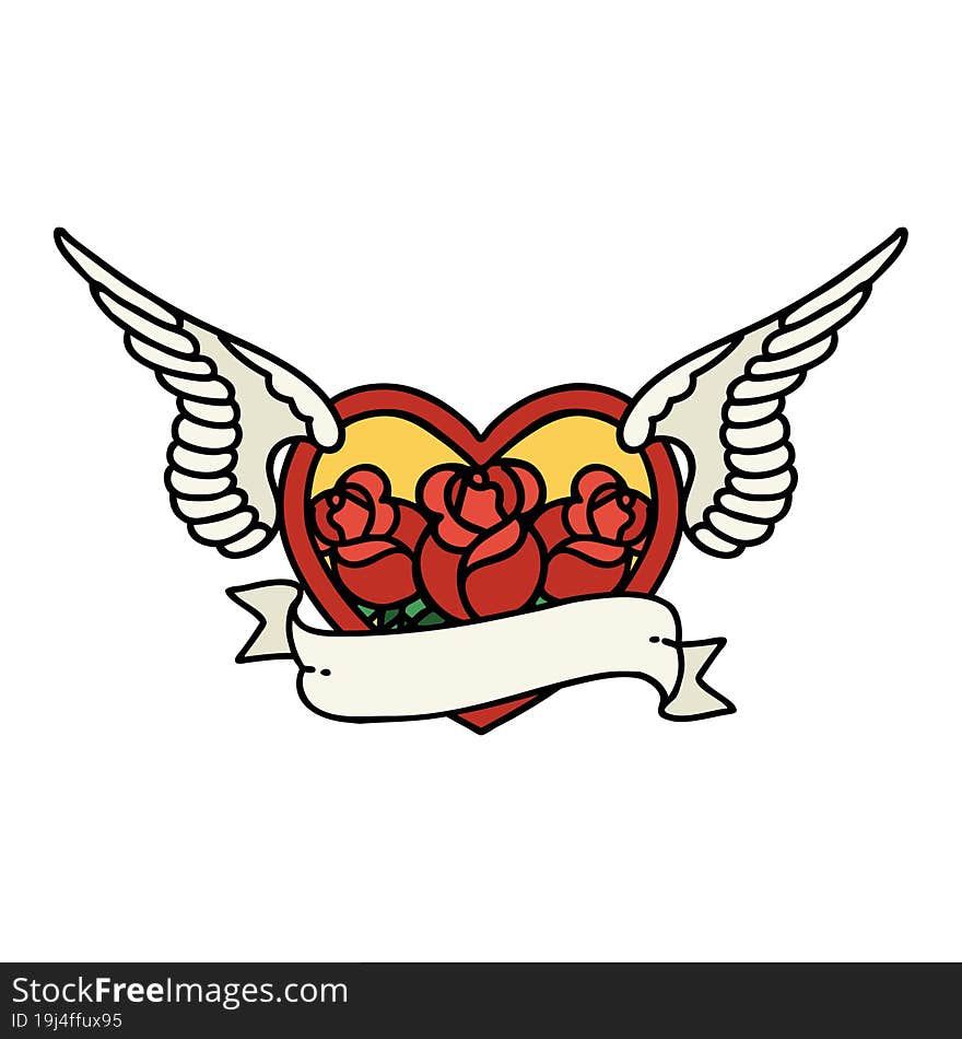 tattoo in traditional style of a flying heart with flowers and banner. tattoo in traditional style of a flying heart with flowers and banner