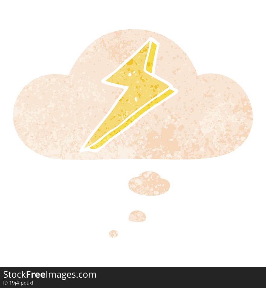 cartoon lightning with thought bubble in grunge distressed retro textured style. cartoon lightning with thought bubble in grunge distressed retro textured style