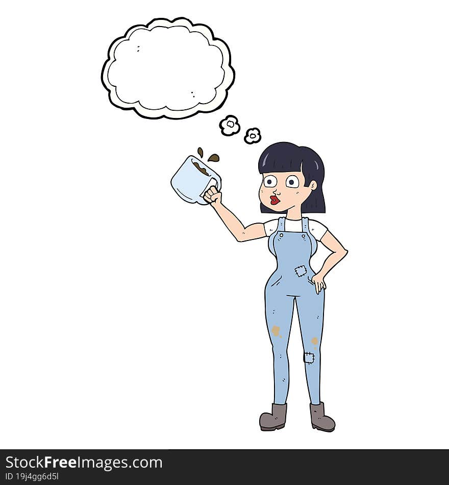 thought bubble cartoon female worker with coffee mug