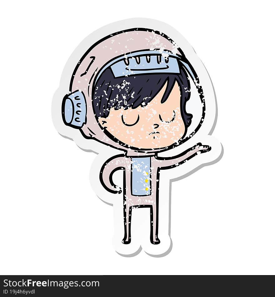 distressed sticker of a cartoon astronaut woman