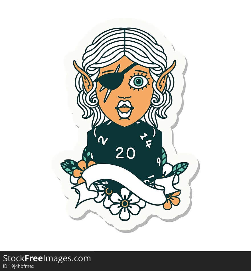 sticker of a elf rogue character with natural twenty dice roll. sticker of a elf rogue character with natural twenty dice roll