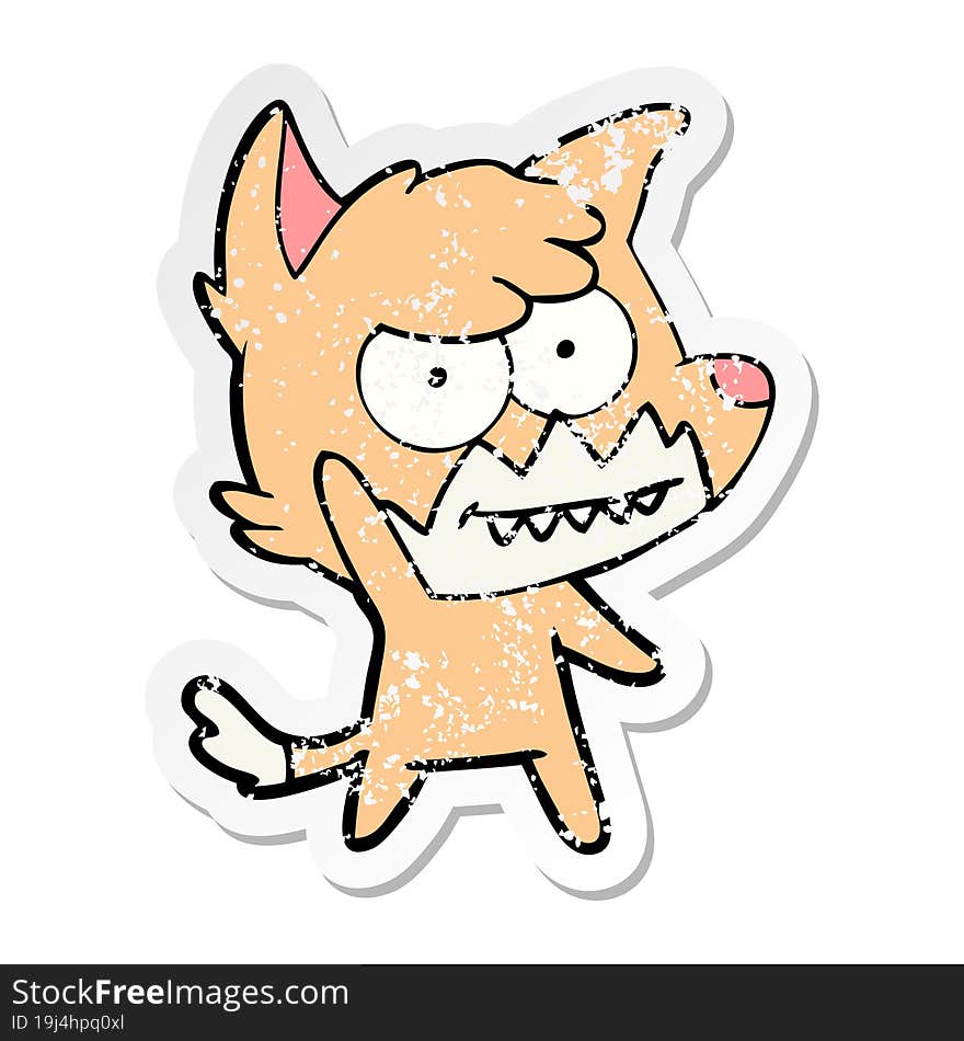 distressed sticker of a cartoon grinning fox