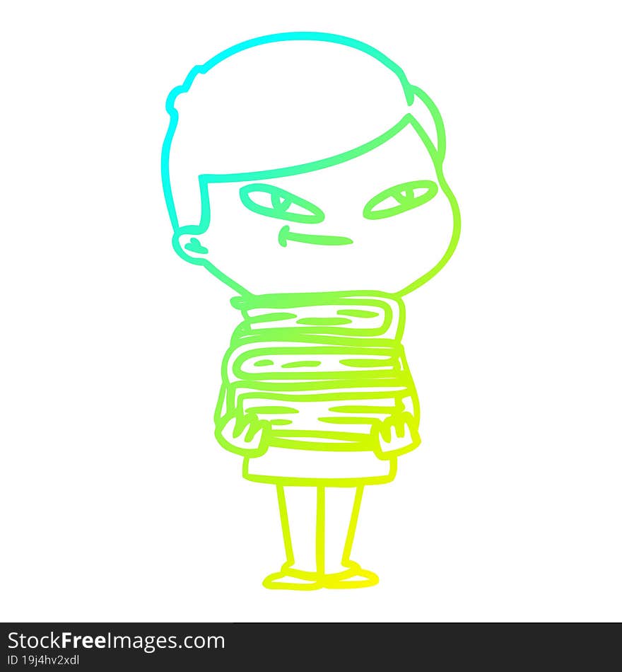 cold gradient line drawing cartoon boy with books