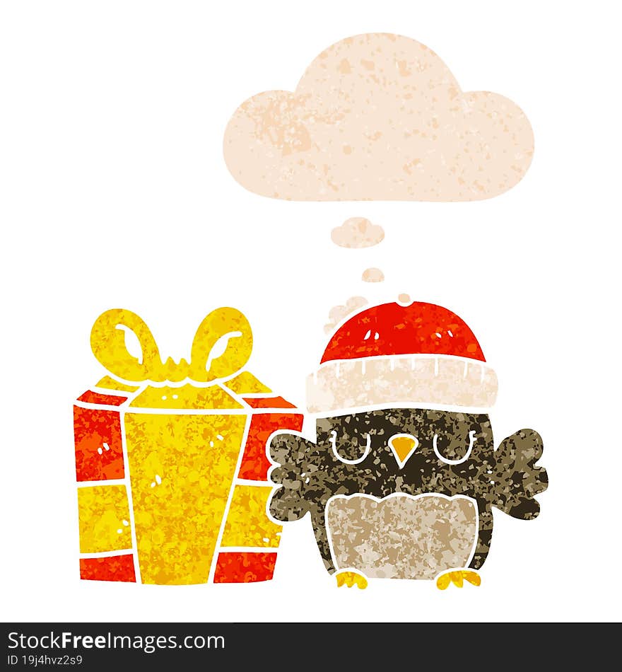 Cute Christmas Owl And Thought Bubble In Retro Textured Style