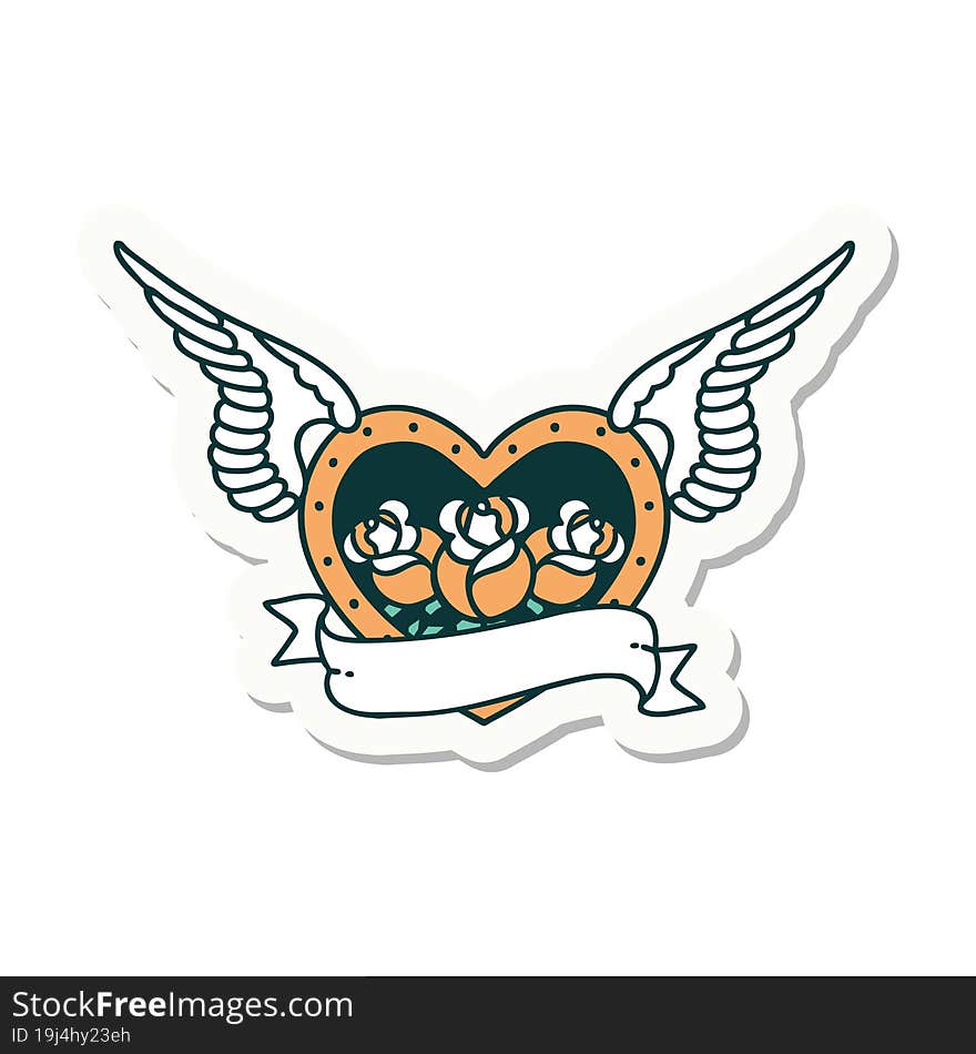 Tattoo Style Sticker Of A Flying Heart With Flowers And Banner