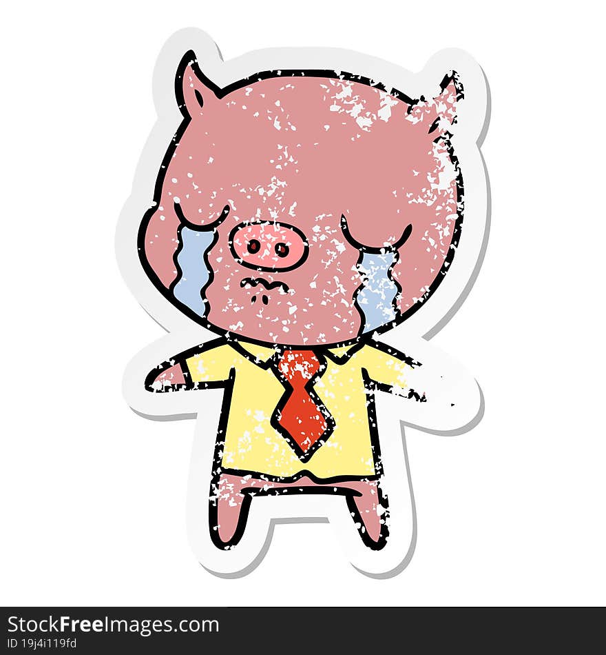 distressed sticker of a cartoon pig crying wearing shirt and tie