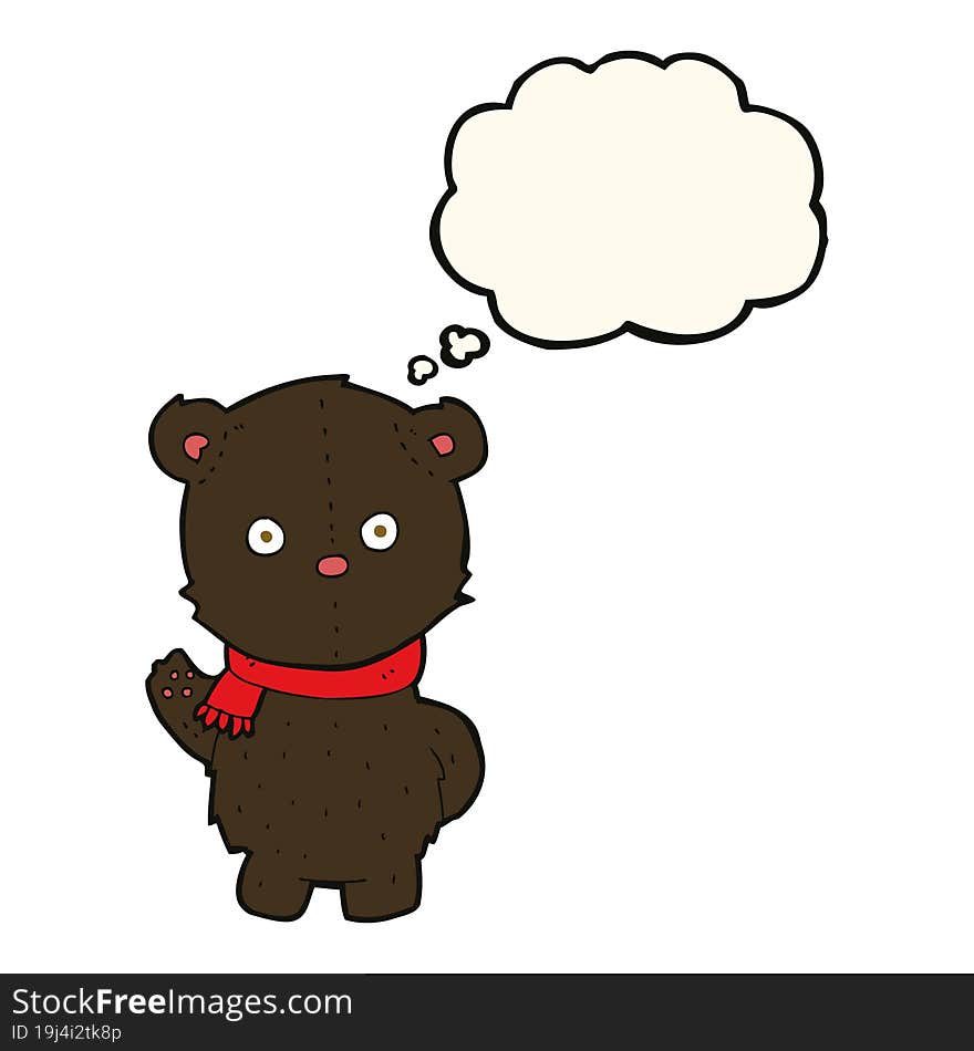 cartoon waving black bear cub with thought bubble