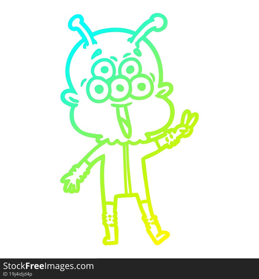 Cold Gradient Line Drawing Happy Cartoon Alien Waving Peace Gesture