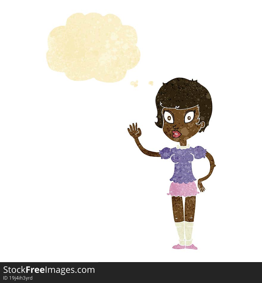 cartoon pretty girl waving with thought bubble