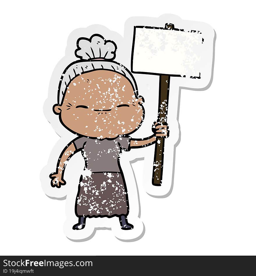 Distressed Sticker Of A Cartoon Peaceful Old Woman