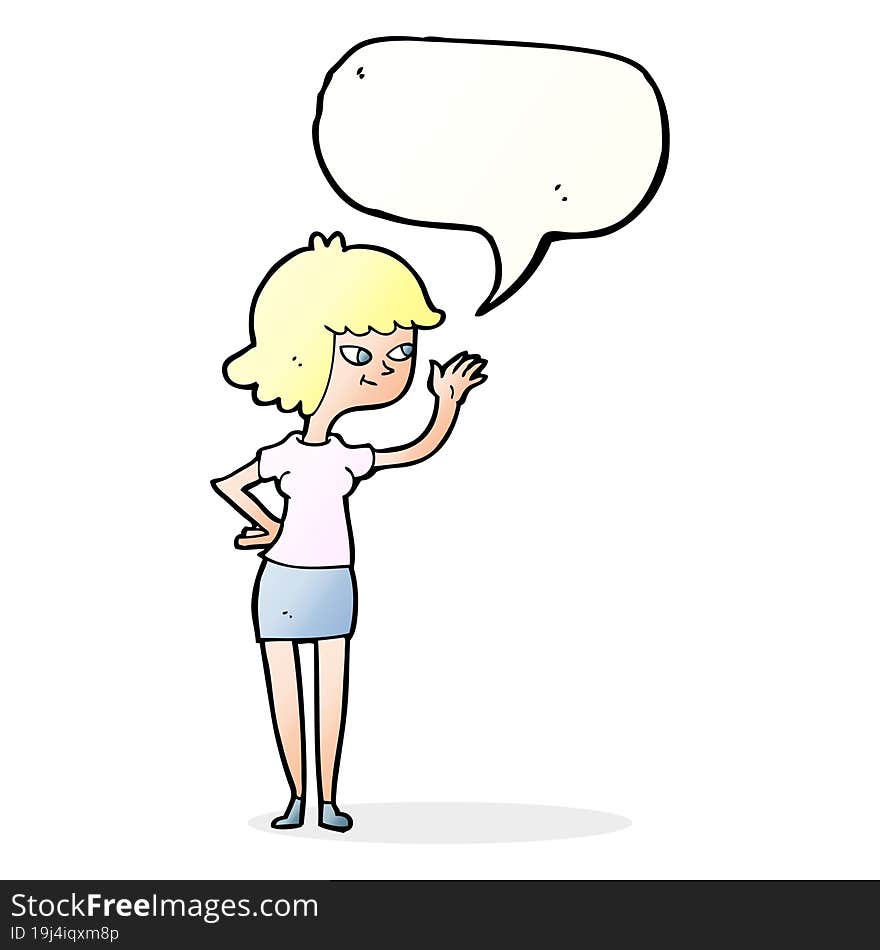 cartoon friendly girl waving with speech bubble