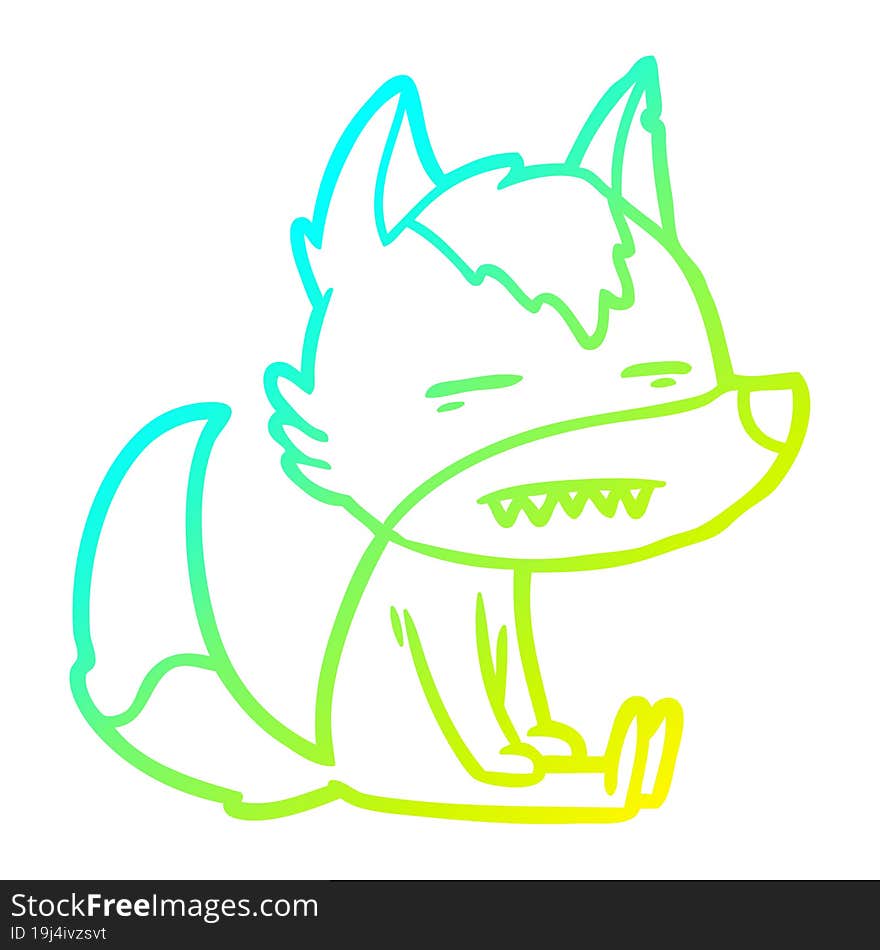 cold gradient line drawing of a cartoon sitting  wolf showing teeth