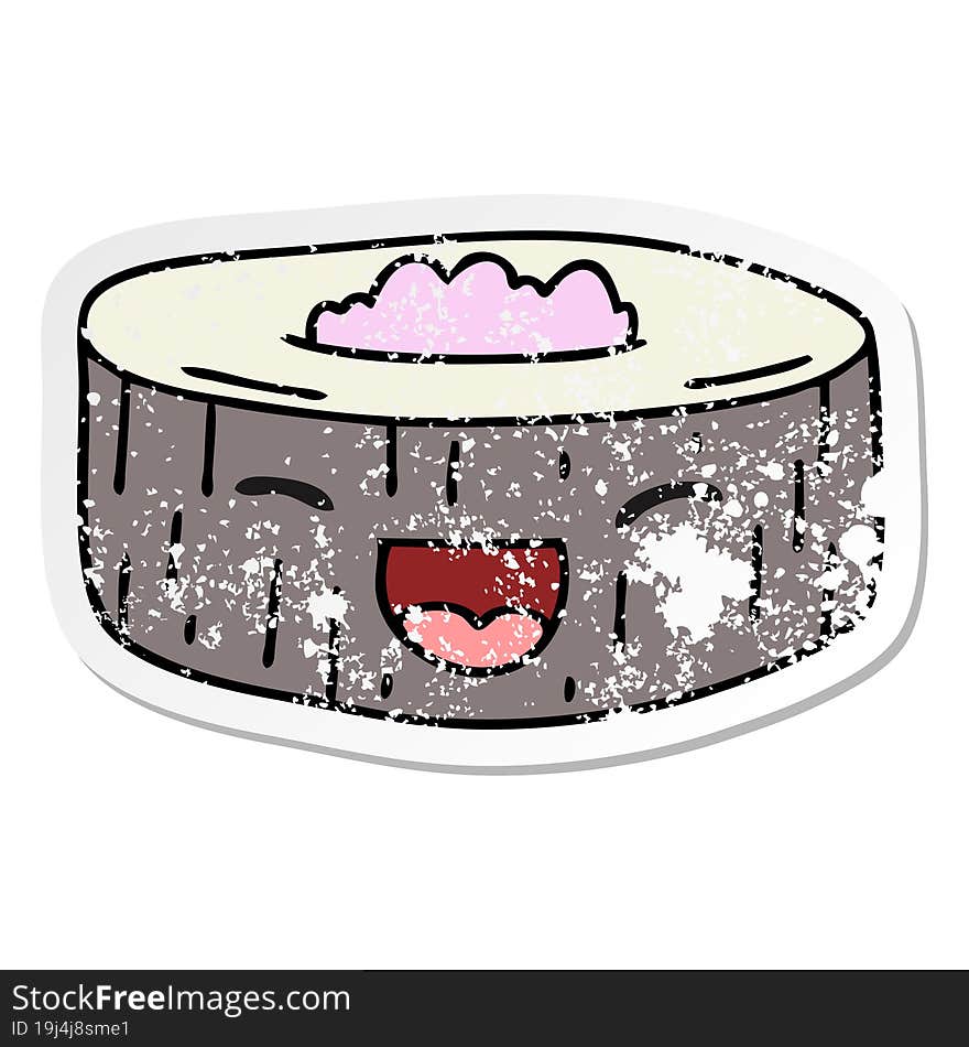 Distressed Sticker Of A Quirky Hand Drawn Cartoon Happy Sushi