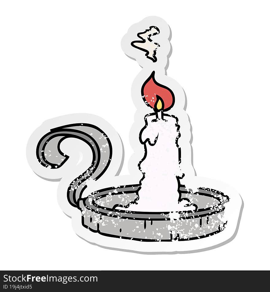 Distressed Sticker Cartoon Doodle Of A Candle Holder And Lit Candle