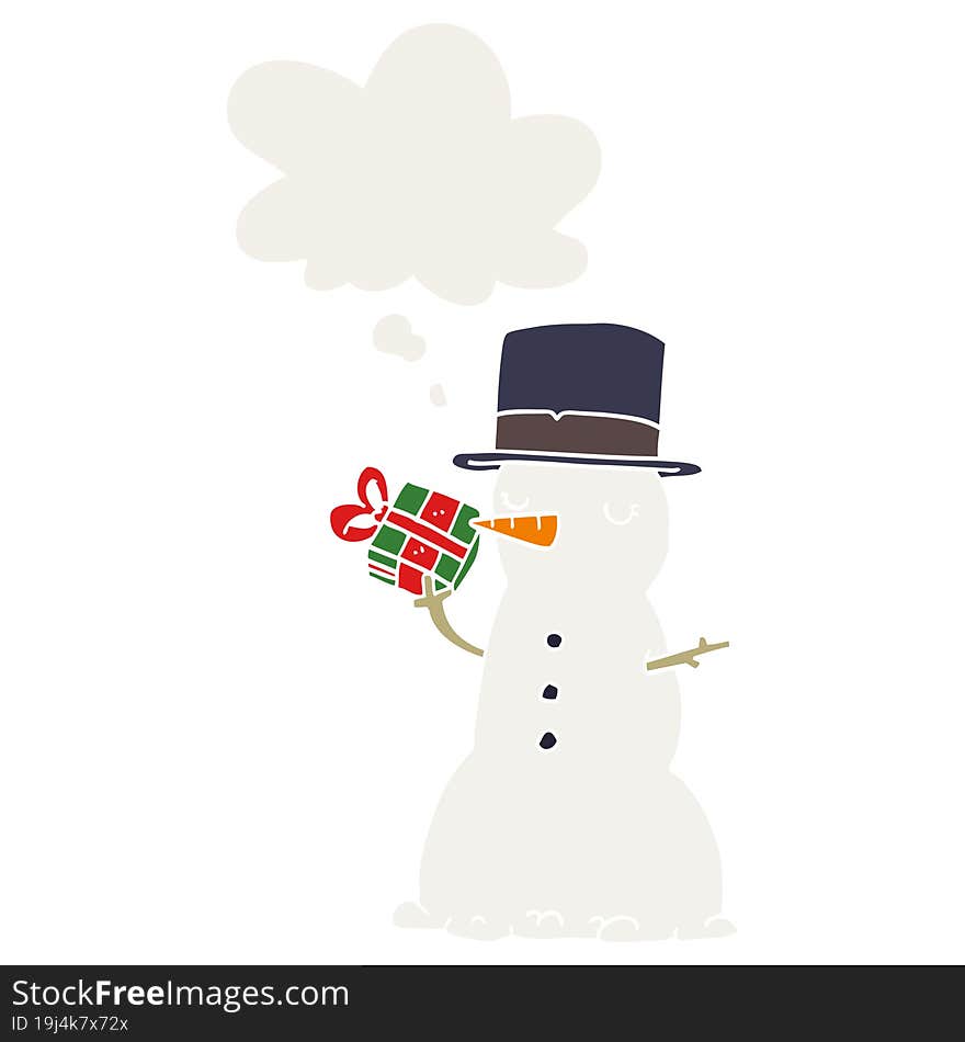 cartoon snowman and thought bubble in retro style