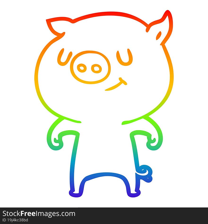 Rainbow Gradient Line Drawing Happy Cartoon Pig