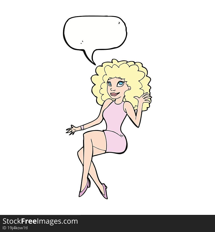 cartoon sitting woman waving with speech bubble