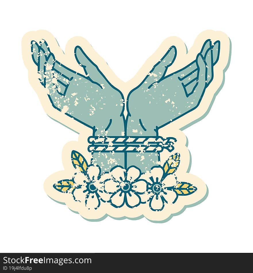 distressed sticker tattoo style icon of hands tied