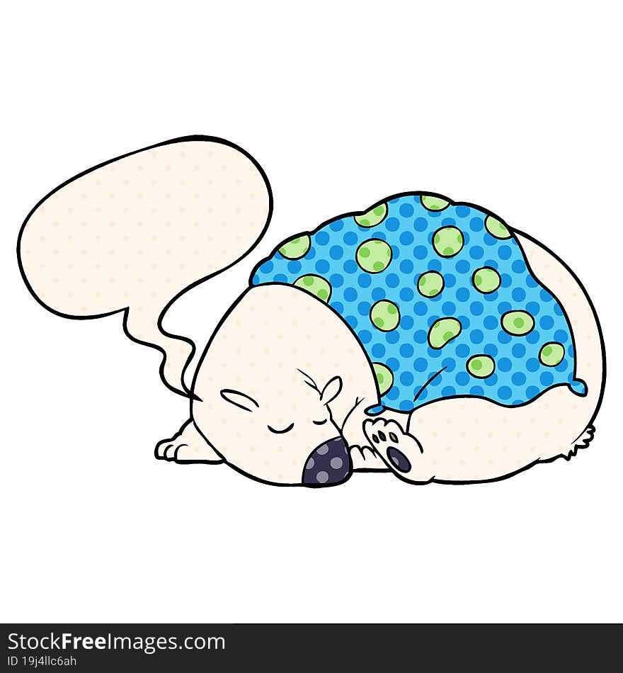 cartoon polar bear sleeping with speech bubble in comic book style