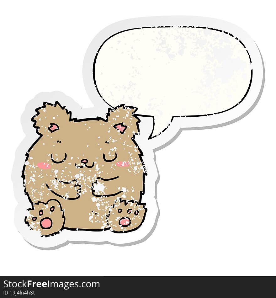 cute cartoon bear with speech bubble distressed distressed old sticker. cute cartoon bear with speech bubble distressed distressed old sticker