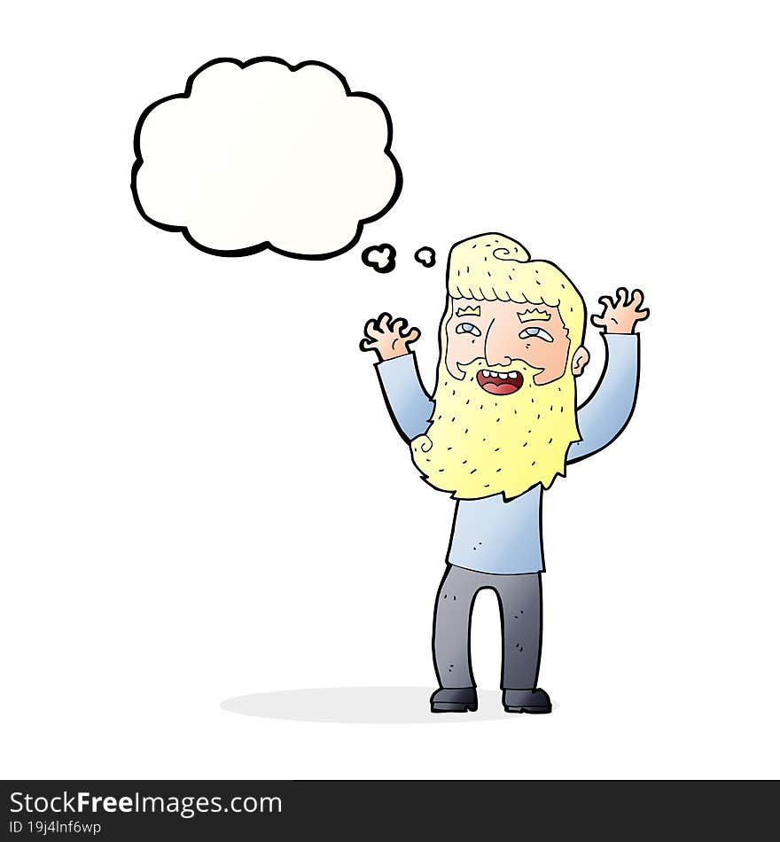 cartoon happy bearded man waving arms with thought bubble