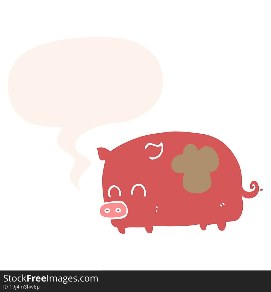 cute cartoon pig and speech bubble in retro style