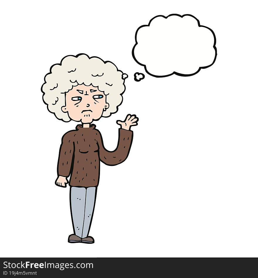 cartoon annoyed old woman waving with thought bubble