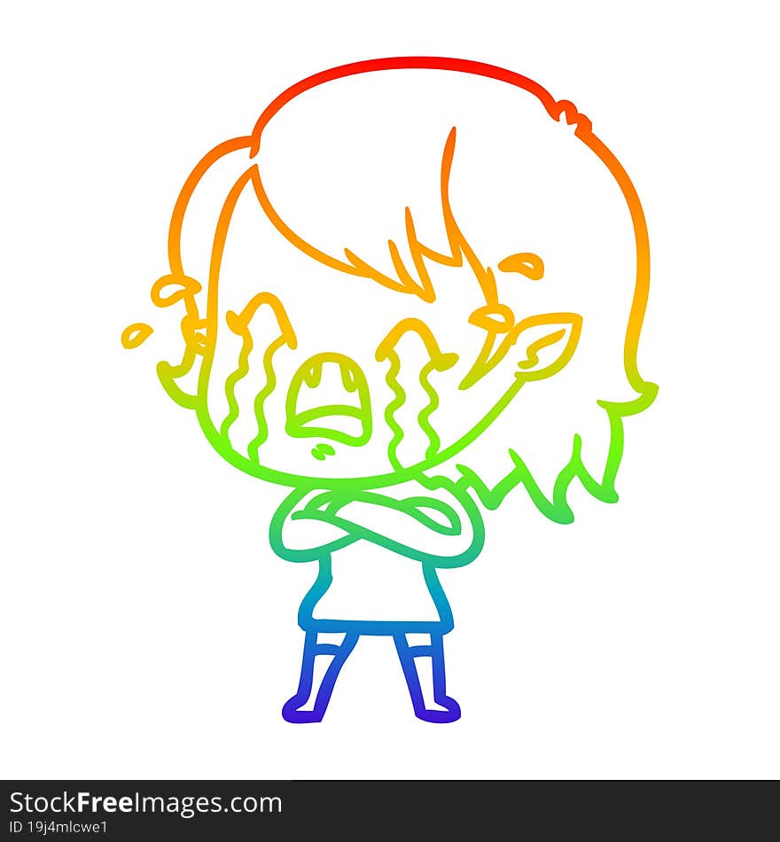 rainbow gradient line drawing cartoon crying vampire girl