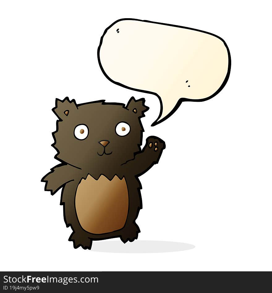 cartoon waving black bear cub with speech bubble