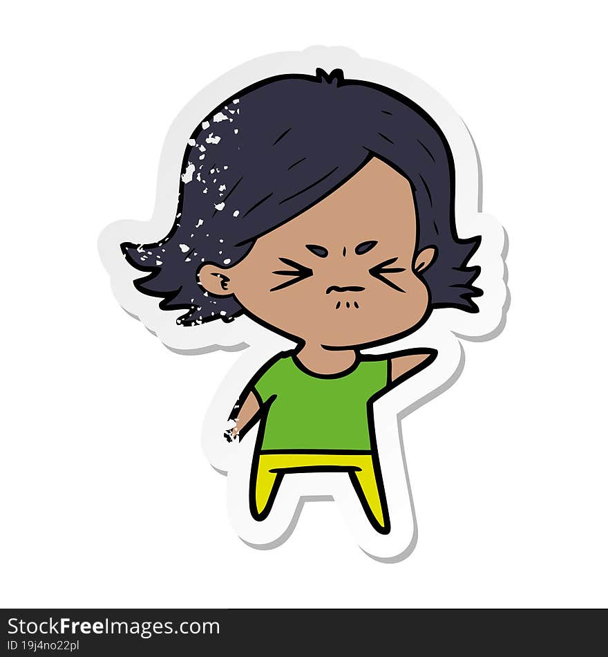 distressed sticker of a cartoon angry girl