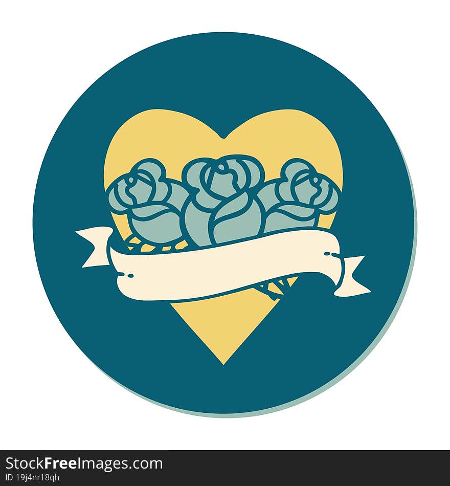 Tattoo Style Sticker Of A Heart And Banner With Flowers