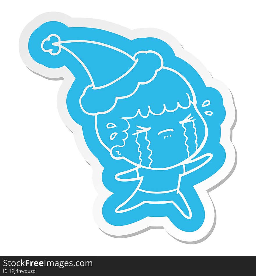 quirky cartoon  sticker of a man crying wearing santa hat