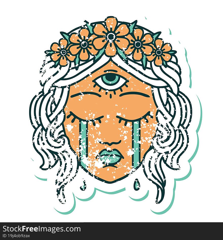 distressed sticker tattoo style icon of female face with third eye crying