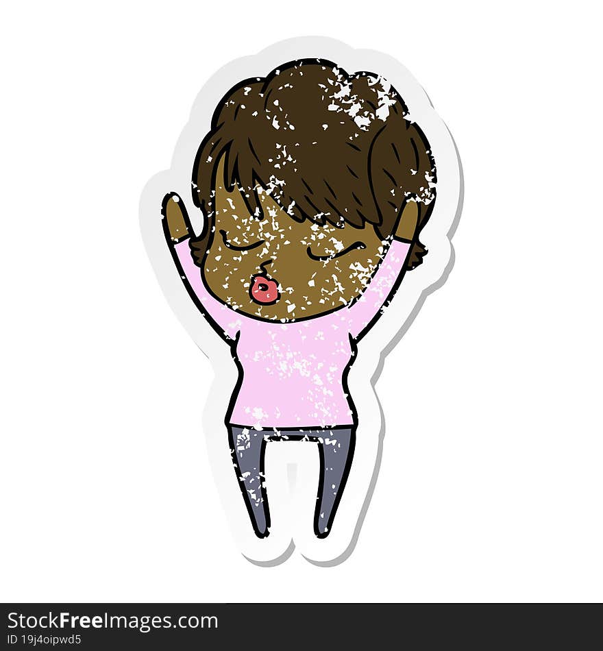 distressed sticker of a cartoon woman with eyes shut